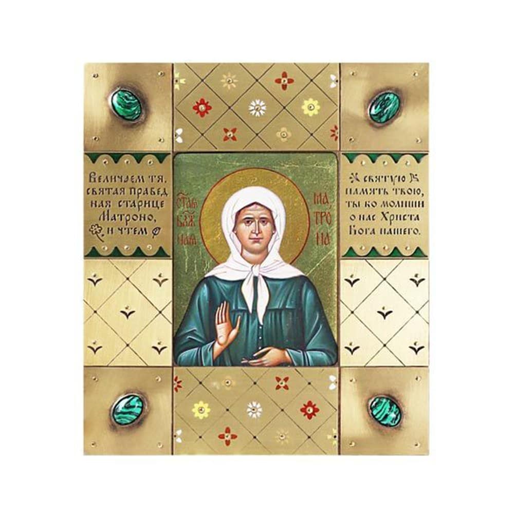Икона Св.Матрона/ в рамке, липа, латунь, поталь, эмаль, камни