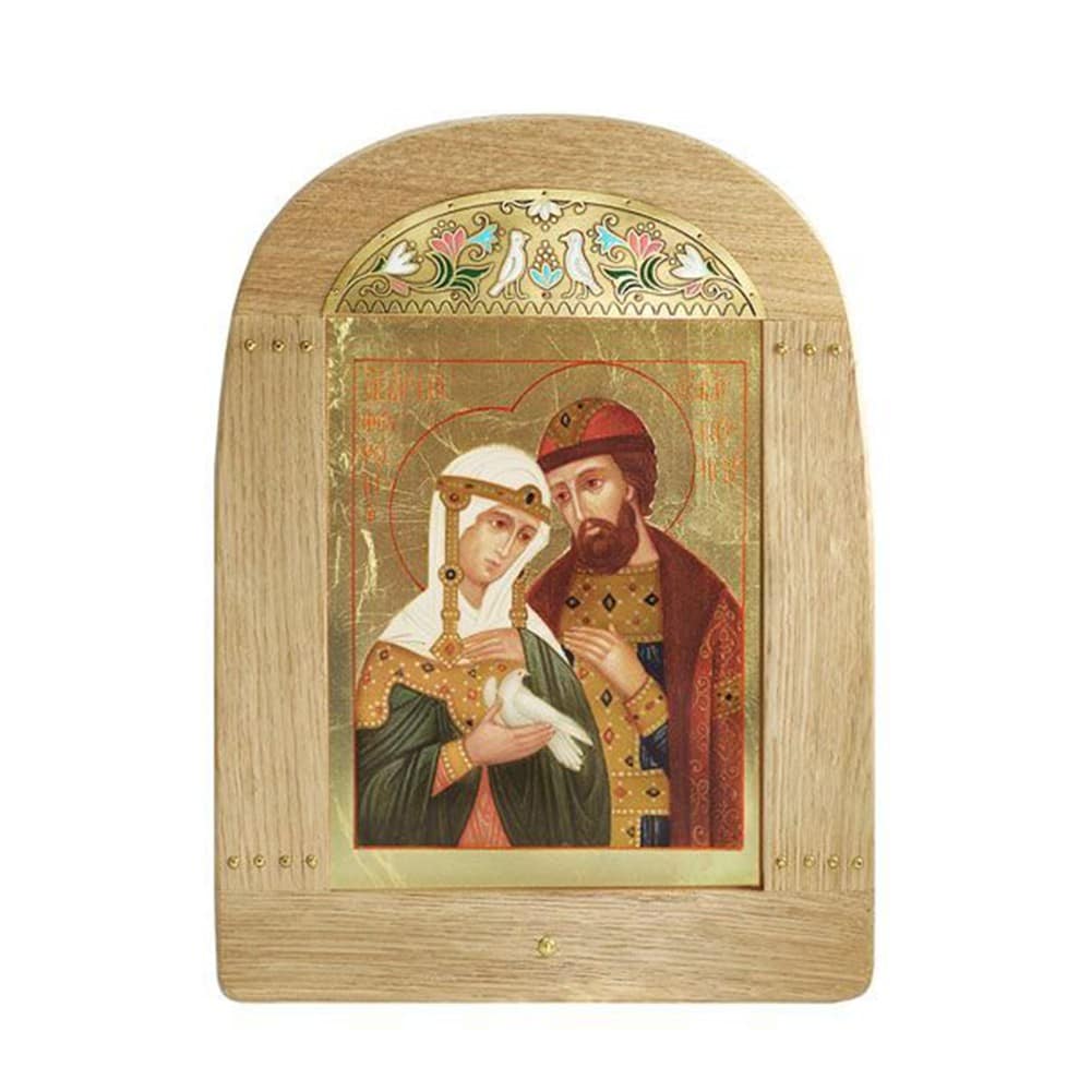 Икона Св.Петр и Феврония в киоте/ поталь, ясень, латунь, эмаль