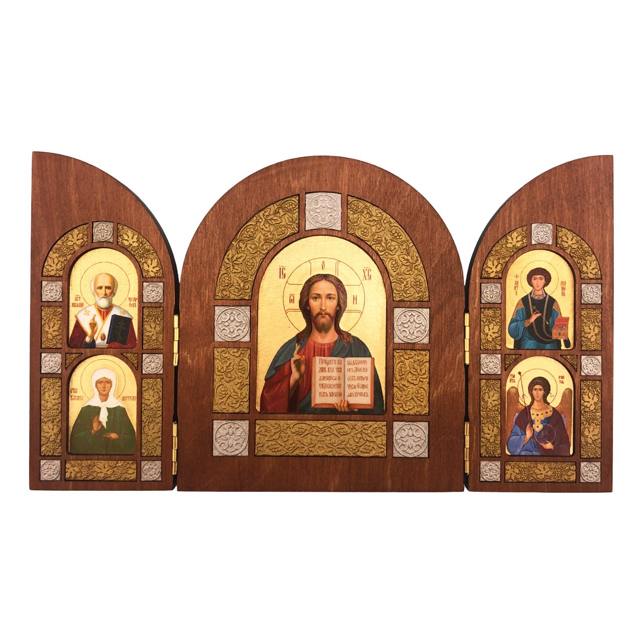 Складень Господь Вседержитель- Св.Николай- Св.Спиридон- Св.Пантелеймон- Ангел Хранитель