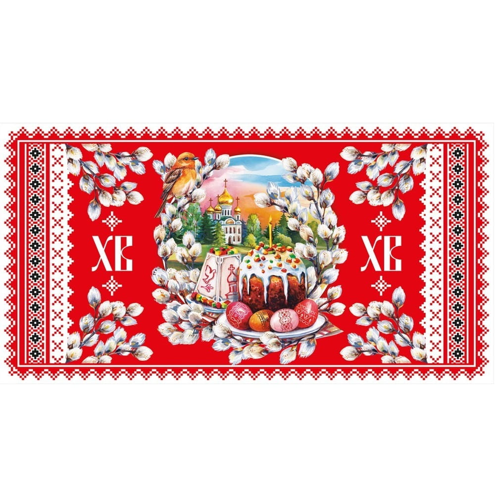 Салфетка Пасхальная Куличи, храм и ветки вербы на красном фоне 53*28 см