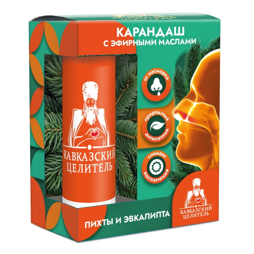 Карандаш с эфирными маслами пихты и эвкалипта пластик, 1,3 г, Кавказский целитель